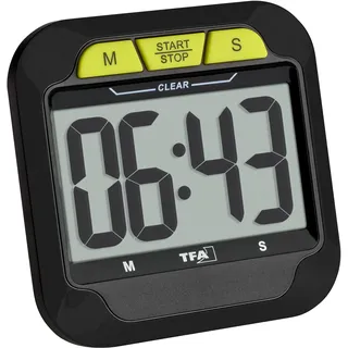 TFA Dostmann Digitaler Timer mit Stoppuhr, 38.2054.01, Alarmton (normal/laut), Kurzzeitwecker, mit Stoppuhrfunktion, magnetisch, umhängbar, für Küche/Prüfung/Sport geeignet, große Ziffern, schwarz