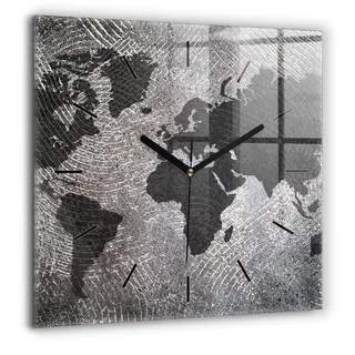 Wallfluent Große Wanduhr – Stilles Quarzuhrwerk - Uhr Dekoration Wohnzimmer Schlafzimmer Küche - Zifferblatt mit Striche - schwarze Zeiger - 60x60 cm - Weltkarte aus Beton - Grau