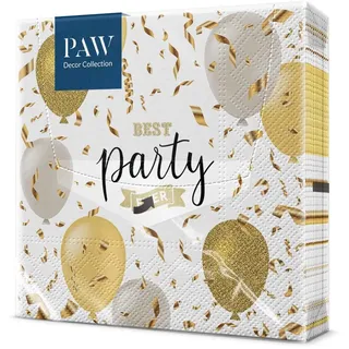 Paw Decor Collection PAW - Servietten 3-lagig (33 x 33 cm) I 20 Stück I Perfekt für Geburtstage, Partys, Hochzeiten, Kommunion und Feiern I Papierservietten Bunt - Luftballons, Gold, Partyaufschrift I Elegant Balloons