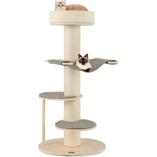 COSTWAY Kratzbaum 120cm Holz, Katzenbaum mit Hängematte, 3 Plattformen, Sisal-Teppich & Kratzsäule, Katzen Katzenmöbel klein, Kletterbaum Grau Natur - Grau