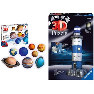 Ravensburger 3D Puzzle 11668 - Planetensystem für Kinder ab 7 Jahren - 8 Puzzleball-Planeten als Sonnensystem Modell mit Poster & 3D Puzzle 12577 - Leuchtturm bei Nacht - 216 Teile