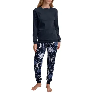 CALIDA Winter Dreams Bündchen-Pyjama, Schlafanzug Damen, aus 100% Baumwolle, pflegeleicht Dark Sapphire 40-42