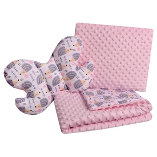 Medi Partners Babydecke Krabbeldecke Set 3in1 100% Baumwolle Minky Kinderdecke 55x75 + 35x30cm flaches Kissen und Anti-Schock-Kissen Schmetterling (graue Igel mit Hellrosa Minky)