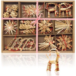 COM-FOUR COM-FOUR® 35x Strohsterne im Mix-Set - Christbaum-Schmuck - Stroh-Anhänger für den Weihnachtsbaum - natürlicher Christbaum-Behang - Weihnachtsdekoration (35-teilig - Set1)
