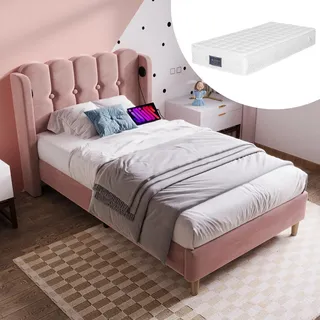 Polsterbett Einzelbett mit USB Typ C , Bettgestell mit Lattenrost , bett in Rosa,90 x 200 cm Bettrahmen JugendbettMit Matratze - Rosa