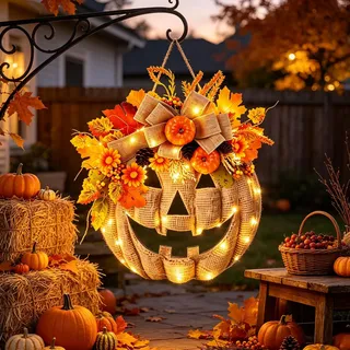 Skeadex Kürbis Türkranz Herbst mit LED Licht,Holz Herbstkranz Haustür mit Ahornblatt Blumen,Leuchtend Kranz Herbst Deko Innen Außen,Kürbis Türkranz Halloween für Wand Fenster Erntedankfest Deko (A)