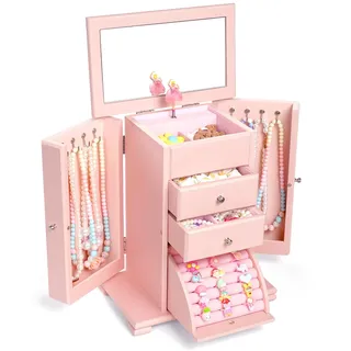 Emfogoo Musikalisches Schmuckkästchen Mädchen, Große Holz Schmuckkasten Mädchen mit Drehender Ballerina & Spiegel, 4 Ebenen Schmuckkästchen Kinder für Geburtstag Geschenk (Rosa)