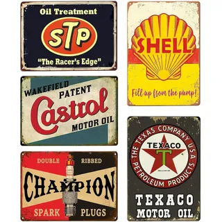 5er Set Retro Garage Deko Blechschilder: 20x30cm Blechschilder Retro, Garage Metallschilder RetroBlechschild, Auto Poster Motoröl Metall Schilder für Werkstatt Raumdekoration Bar Deko