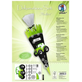 Ursus 9880004F - Dekorationsset Traktor, 4 Bogen Bastelkarton DIN A4, beidseitig bedruckt, vorgestanzt, genutet, zum Dekorieren einer Schultüte, teilweise veredelt, mit Satinband