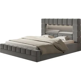 Polsterbett HILTON 200 x 200 cm mit LED Beleuchtung, Doppelbett inkl. Bettkasten und Lattenrost, Farbe Grau - Grau