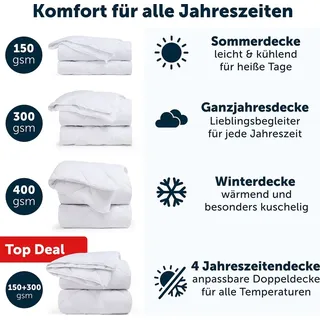 Blumtal 4 Jahreszeiten Bettdecke 155 x 220 cm im 2er Set - zusammenknöpfbare 4 Jahreszeiten Bettdecke 155x220cm/Sommerdecke + Winterdecke - Weiß