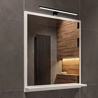 hajduk furniture Weiß Badspiegel mit Beleuchtung 4000 K IP44 H:70 x B: 60 cm - Bathroom Mirror - Badezimmer Spiegel Rechteckig mit Ablage und Schwarze LED-Lampe - Weiß