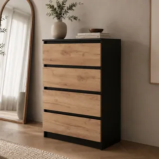 Home Collective Kommode Sideboard mit 4 Schubladen | Schubladenkommode Kommodenschrank Anrichte Schrank 70x40x100cm | Schlafzimmer Jugendzimmer Flur | modernes griffloses Design | Schwarze Craft-Eiche - Schwarz