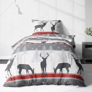 LINKHOFF Biber Bettwäsche 135x200 - Weihnachtsbettwäsche Cozy Christmas - 2tlg. Winterbettwäsche in Rot Grau - 100% Baumwolle - Weihnachts Bettwäsche Hirsch