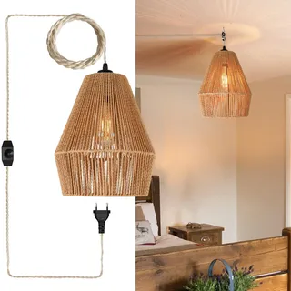 bomiel Rattan Hängelampe mit Stecker Ø24cm, Boho Vintage Pendelleuchte | 4,5m Kabel & Drehschalter; handgefertigtes Flechtmuster; kein Bohren; für Schlafzimmer, Wohnzimmer, Flur & Büro