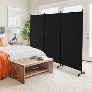 262x180 cm Raumteiler Trennwand Paravent mit Rollen 3 Teilig Freistehend Klappbar Spanische Wand Sichtschutz Stellwand aus Stoff Eisen Wandteiler Privatschutz für Schlafzimmer Büro (Schwarz) - Schwarz
