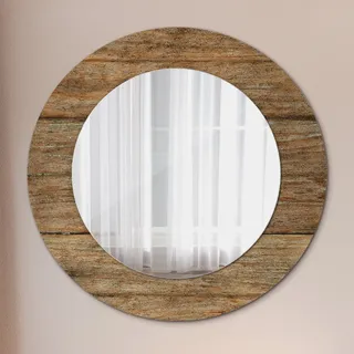 Runder Spiegel mit Modernem Aufdruck - Dekospiegel Wandmontage -Alt Holz- Ø60cm - Braun