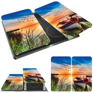 WENKO Herdabdeckplatte Universal Mod. Idylle am See, höhenverstellbar für alle Herdarten, Schneidebrett und Spritzschutz, Glas, 30 x 52 cm, 2-teilig