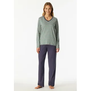 Schlafanzug SCHIESSER "Casual Essentials", Damen, Gr. 36, 709, mineral, Single Jersey, Obermaterial: 100% Baumwolle, bequem lang, V-Ausschnitt, Homewear-Sets Schlafanzug, Baumwolle, V-Ausschnitt, langärmelig