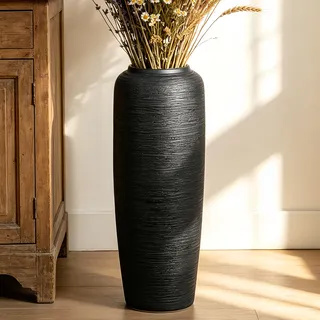 JIDOFUE Vintage Keramik Schwarz Bodenvase, 50 cm, Rustikaler Boho Stil für Pampasgras, Blumen oder Dekor, Perfekt für Wohnzimmer, Eingang oder Tisch
