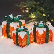 Gresonic 48LED mit 3er Geschenke Leucht Boxen Batteriebetrieben Weihnachts Dekoration Weihnachtsdeko Weihnachten (Schnee, 24LED+16LED+8LED)