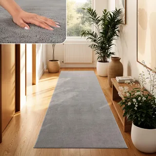 Paco Home Moderner Kuscheliger Wohnzimmer Teppich Kurzflor waschbar flauschig Weich Einfarbig Felloptik zeitlos stilvoll rutschfest pflegeleicht, Grösse:80x300 cm, Farbe:Grau