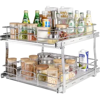 Ausziehbares Küchenregal - Doppelkorb Gewürzregal - 452 x 516 x 80 mm + 474 x 533 x 80 mm - Herausziehbarer Waschbecken-Organizer - Unterschrankregal SM® - Spülschrankregal - 80mm - Küchenschrank - Spülschrank - Silber