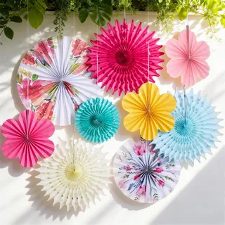 SUNBEAUTY 10 Stück Papier Fächer Dekoration Hanging Girlande Rosa Gelb Blumen Papierfächer Bunt Party Deko für Hochzeit Sommerdeko Tischdeko Geburtstag Baby Shower Backdrop Garland