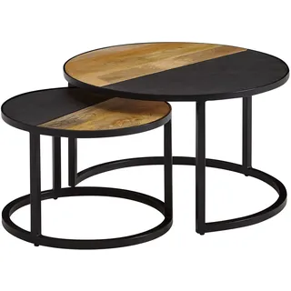 WOHNLING Couchtisch 2er Set Mango Massivholz / Stein-Optik Sofatisch Rund Modern Beistelltisch 2-teilig Runde Wohnzimmertische Holztisch Satztische - Schwarz