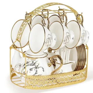 fanquare 21 Stück Britisch Vintage Porzellan Teeservice, Gold Florales Teeservice mit Goldrand, Kaffeetasse und Untertasse Set mit Stand Löffel für Frauen Hochzeit
