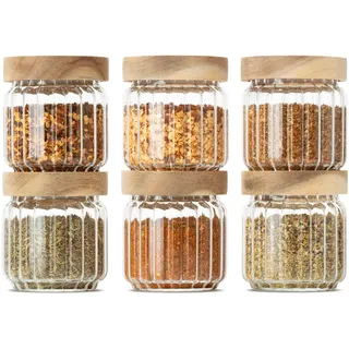 Econovo® Gewürzgläser geriffelt (150ml | 6-tlg.), stapelbar und luftdicht, Gewürzgläser Set mit Deckel, Vorratsdosen Glas-Behälter für Lebensmittel oder Gewürze groß & klein