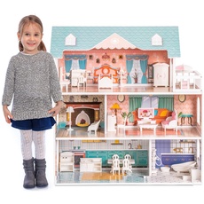 ROBUD Puppenhaus aus Holz mit Möbeln und Zubehör Mädchen Häuser Spielhaus Spielraum Spielzeug für Kinder
