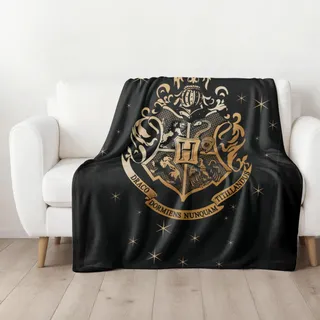 Harry Potter Wohn-Decke 150x200 cm ☆ Coral Fleece-Decke Hogwarts Wappen Fanartikel Kuscheldecke für Kinder und Erwachsene ☆ Geschenk, Überwurf schwarz
