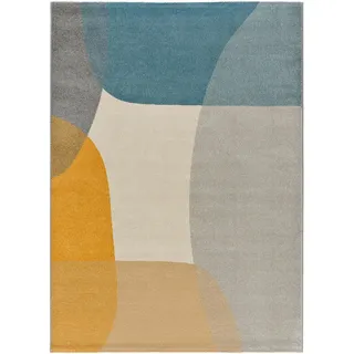 Atticgo Webteppich mit geometrischem Muster Cremefarben Senfgelb und Blau Monic 140/200 cm , Textil , Mode , Rechteckig , 140x200 cm , Oeko-Tex® Standard 100 , antistatisch, für Fußbodenheizung geeignet, leicht zusammenrollbar , Teppiche und Böden, Teppiche