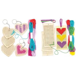 Baker Ross Holz-Herz-Kreuzstich-Schlüsselanhänger-Sets für Anfänger (5er-Pack), Beige & Holzlesezeichen-Bastelsets mit Kreuzstich für Kinder zum Nähen und Gestalten (4 Stück), sortiert