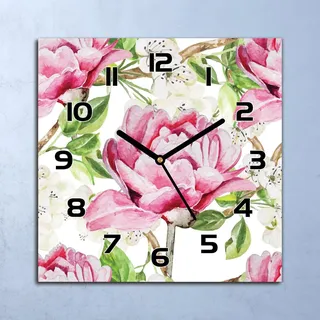 Wanduhr Echt-Glas-Küchenuhr Rosa Pfingstrosen Quarz Lautlos 30x30 Deko Bilder - Rosa