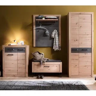 Garderoben Set mit Garderobenpaneel Eiche mit grau IOLA-05, 4-teilig - Braun
