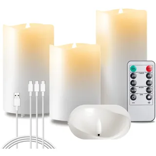 EXTSUD Flammenlose LED Kerzen 3er Flackerndes Echtwachs Kerzen Aufladbare LED Kerzen mit Timer und Fernbedienung 7,5x10.5,13.5,16 CM Stumpenkerzen für Haus Hochzeit Weihnachten Halloween Party Decor