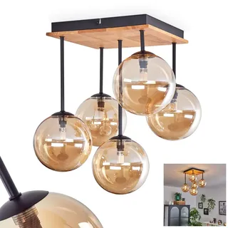 HOFSTEIN Deckenleuchte Chehalis, Deckenlampe aus Metall/Holz/Glas in Schwarz/Natur/Bernstein, Leuchte im Retro/Vintage-Design, Ø Schirme 15 cm, 5 x G9, Esszimmer, Schlafzimmer, Wohnzimmer, Küche