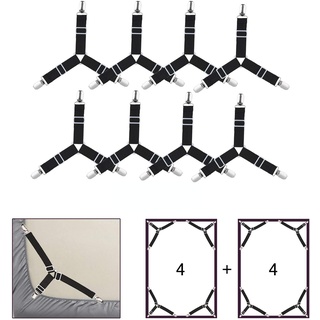 WADEO 8 Stück Bettlaken-Clips Bettlakenspanner, Verstellbare Elastische Dreiecks-Stützgurte für Spannbettlaken und Bettlaken, Matratze, Sofakissen, Tischdecken, Bügelbrett - Schwarz