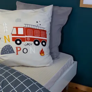 sweeek - Wende-Bettwäsche 1 Person Feuerwehr-Motiv Mikrofaser 140 x 200 cm - Blau und grau - Blau, Grau