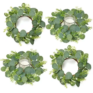 Betylifoy Kerzenringe Eukalyptus Kranz Kerzenringe für Stabkerzen 4PCS Kranz Kerzen Kleine Greenery Kränze für Hochzeit Tafelaufsätze Fensterdekoration