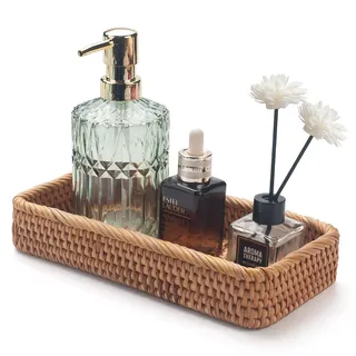 Rattan Badezimmer Eitelkeit Tabletts Toilettenbehälter Korb Aufbewahrung Lange Schmale Handtuch Aufbewahrungskorb für Lagerung, Dekorativ (Natürliche 26 x 12.5 x 4cm)
