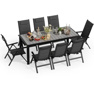 JUMMICO Gartenmöbel Set, 6 stühle Klappbar mit 1 Tisch, 5-Fach Verstellbarer Aluminium Sessel und Einer Tischplatte in Holzoptik, Wetterfestes Terrassenmöbel für Balkon und Garten