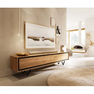 DELIFE Lowboard Stonegrace 200 cm Eiche Natur 4 Türen Steinfurnier V-Fuß Metall Schwarz - Hellbraun, Braun