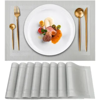Gucass 8er Set Tischsets Abwaschbar, PVC Platzsets Abwischbar Platzdeckchen, Placemats Abgrifffeste Hitzebeständig rutschfest, Tischmatten für Küche Restaurant Speisetisch, 45x30cm(Silber)