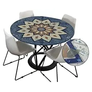 Morbuy Tischdecke Outdoor Rund 100 cm, Elastisch Rund Abwaschbar Tischdecken Wasserabweisend Lotuseffekt Garten Tischdecke Blau Mandala Table Cloth, Ideal für 80cm-90cm