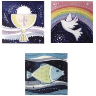 Rayher 31530000 Wachsmotive, christliche Motive, 4 x 4 cm, 3 Stück, Kelch, Taube, Fisch, zum Kerzen verzieren, Verzierwachs für Kommunionkerzen, Kerzen zur Konfirmation, Firmung etc.