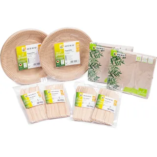 HEKU 170-teiliges Bio-Einweg-Set ‘be Green’, FSC-Zertifiziert , Deutsche Qualität, 100% biologisch abbaubar, mit Tellern, Besteck und Servietten ,Ideal für Veranstaltungen und Partys