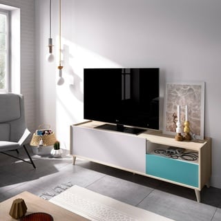 Dmora - TV-Schrank Tamaro, niedriges Sideboard für Wohnzimmer, TV-Sideboard für Wohnzimmer, 155 x 43 x 47 cm, Eiche und Weiß